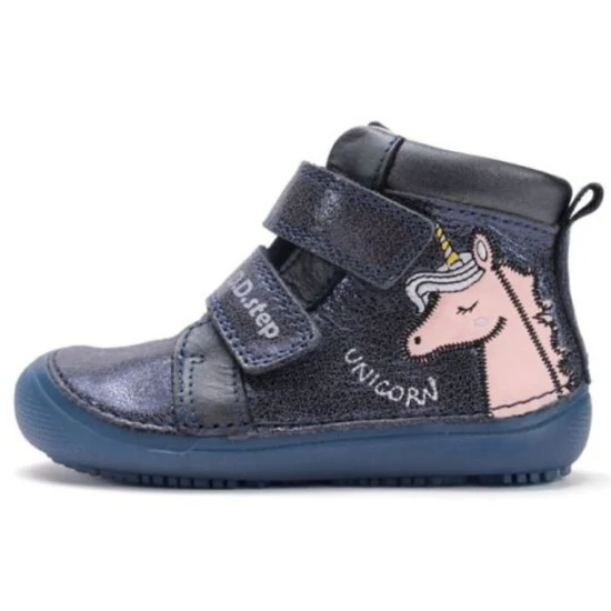 Sötétkék D.D.Step Barefoot lány bőrcipő unikornis mintával és sötétben világítós talppal