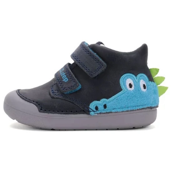 Sötétkék DDStep első lépés fiú bőrcipő zöld 3D dínó tüskékkel és tépőzárral