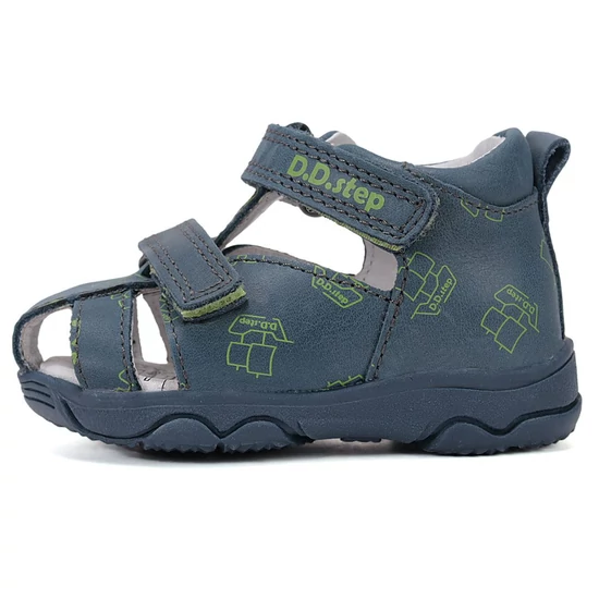 Zöld vitorlás mintás sötétkék D.D.Step kisfiú zárt orrú bőr szandál kettős tépőzárral