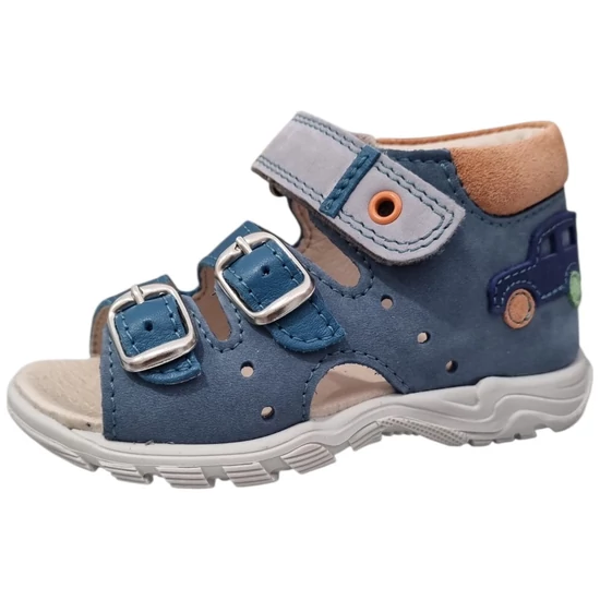 Sötétkék és szürke valódi bőr Linea kisfiú szandál kék autó díszítéssel és csatos pántokkal