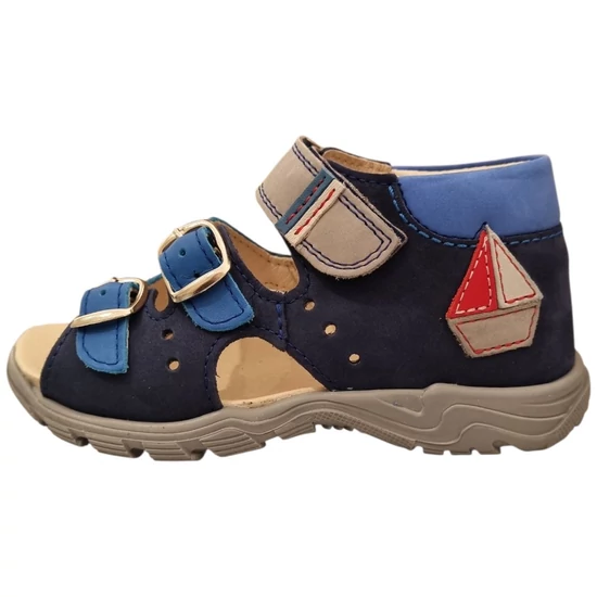 Sötétkék és szürke valódi bőr Linea kisfiú szandál vitorlás hajó díszítéssel és csatos pántokkal