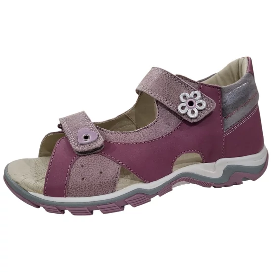 Mályva és lila színű Linea lány bőrszandál virág dísszel, 36-40-es méretben
