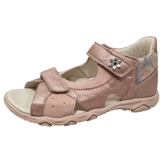 Mályva/sötét rózsaszín Linea lány bőrszandál metálfényű részekkel és virág dísszel, 36-40-es méret