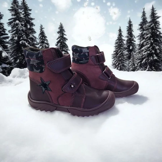 Bordó Linea Lintex lány téli bakancs meleg béléssel és csillag dísszel, magyar termék
