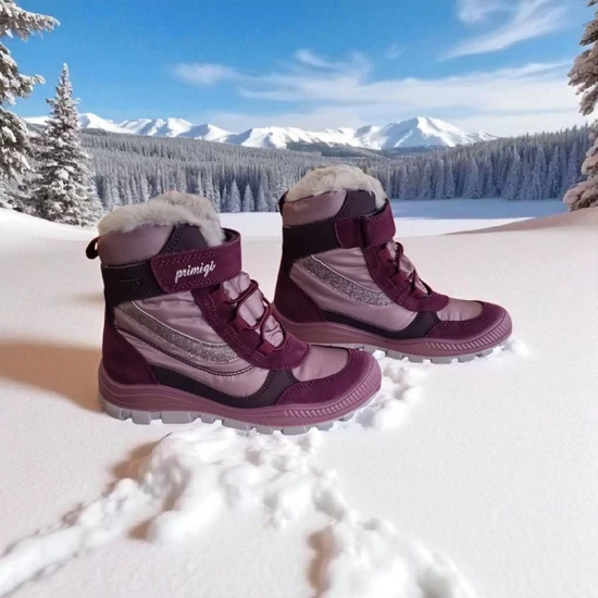 Bordó Primigi GORE-TEX lány téli csizma meleg műszőrme gallérral és csillogó oldalsó sávval