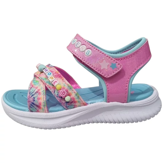 Színes batikolt pántú Skechers kislány szandál pink tépőzárral és színes feliratos gyöngyökkel