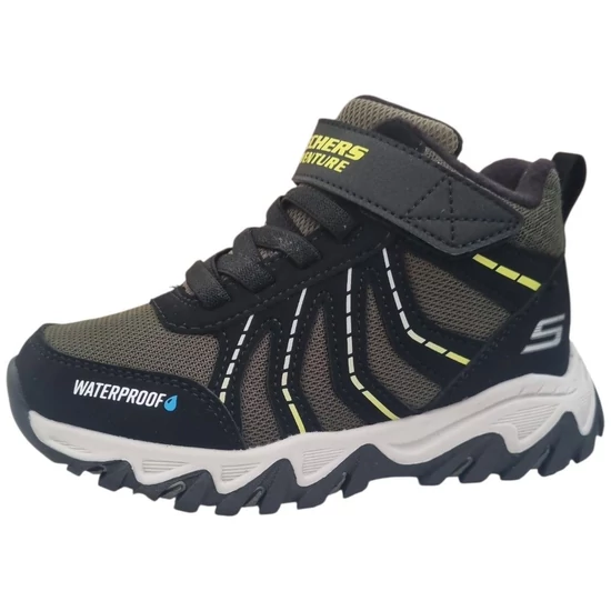 Fekete és sötétzöld színű Skechers Skech-Tex vízálló fiú magas szárú téli bakancs sárga feliratos tépőzárral és barázdált talppal