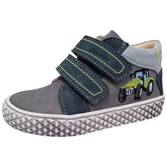 Szürke Szamos fiú bőr cipő hímzett traktorral, sötétkék tépőzárral és rácsmintás talppal