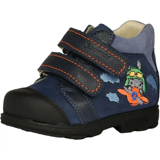 Sötétkék Szamos supinált kisfiú cipő repülős hímzéssel, narancssárga dísztűzéssel és fekete gumis orrvédővel