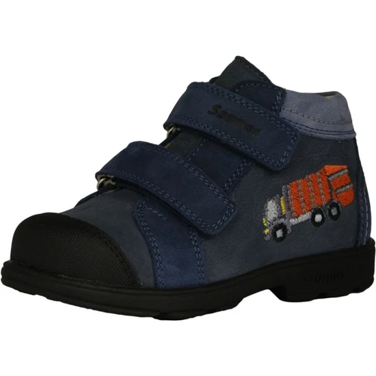 Kék Szamos supinált kisfiú cipő hímzett narancssárga kukásautóval, megerősített fekete orral és dupla tépőzáras pántokkal