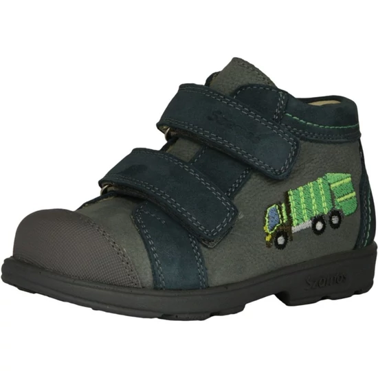 Szürke-kék Szamos supinált kisfiú cipő kukásautó hímzéssel, két tépőzárral és megerősített orral