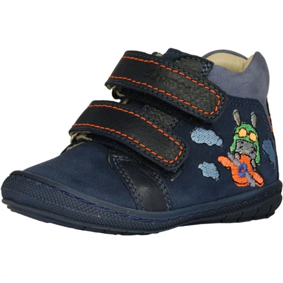 Sötétkék Szamos kisfiú bőrcipő hímzett repülős nyuszi mintával és narancssárga kontrasztvarrással