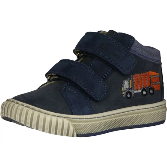 Szamos sötétkék kisfiú bőr cipő kukásautó hímzéssel, tépőzáras kivitelben