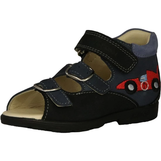 Sötétkék Szamos supinált kisfiú szandál piros hímzett versenyautóval, csatos és tépőzáras pántokkal