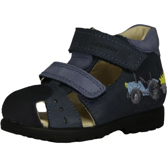 Sötétkék zártorrú Szamos supinált kisfiú szandál hímzett zöld traktorral és dupla tépőzárral
