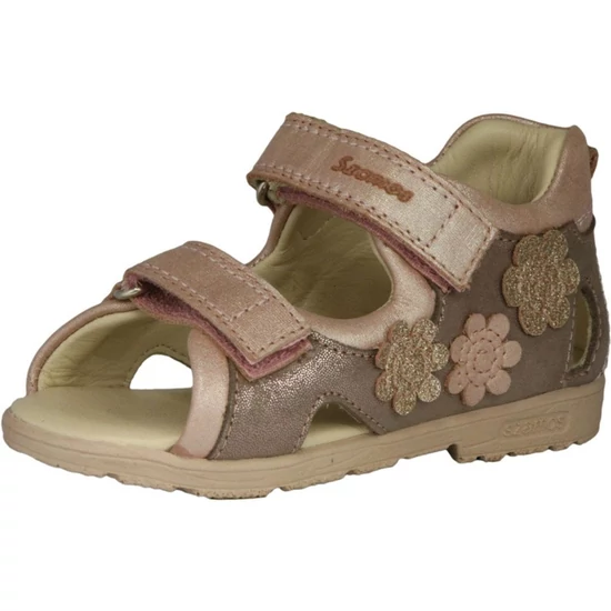 Homok-rózsaszín Szamos supinált kislány szandál három csillogó arany virágdísszel és dupla tépőzárral