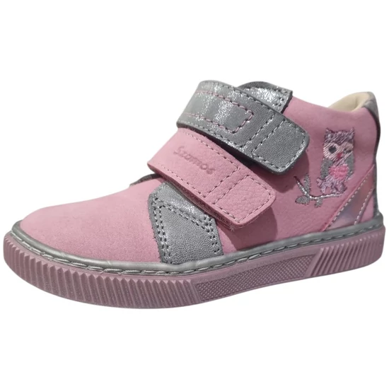 Pink Szamos lány bőrcipő ezüst pántokkal és hímzett bagoly mintával