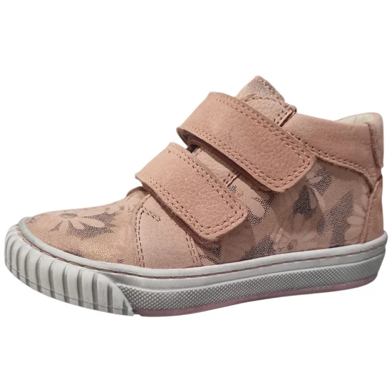 Púder rózsaszín Szamos lány bőrcipő arany virágmintával, fehér talppal és dupla tépőzárral