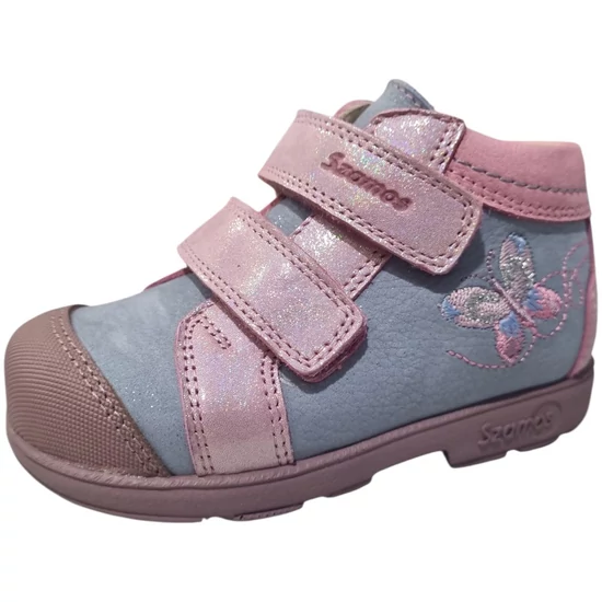Kék-pink Szamos supinált lány cipő hímzett pillangóval, megerősített orral és tépőzáras pántokkal