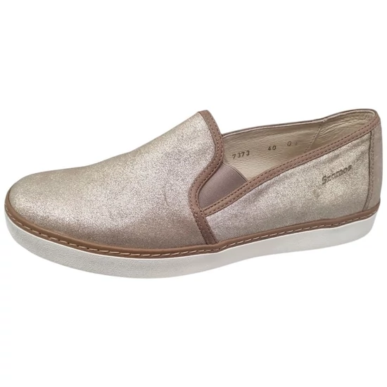Csillogó pezsgő színű valódi bőr Szamos női slip-on félcipő fehér talppal és gumis betéttel