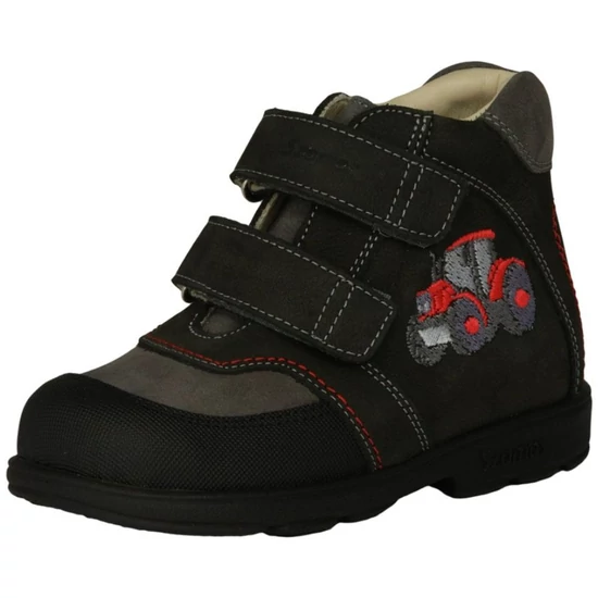 Fekete és szürke Szamos supinált fiú bőrcipő piros traktoros hímzéssel