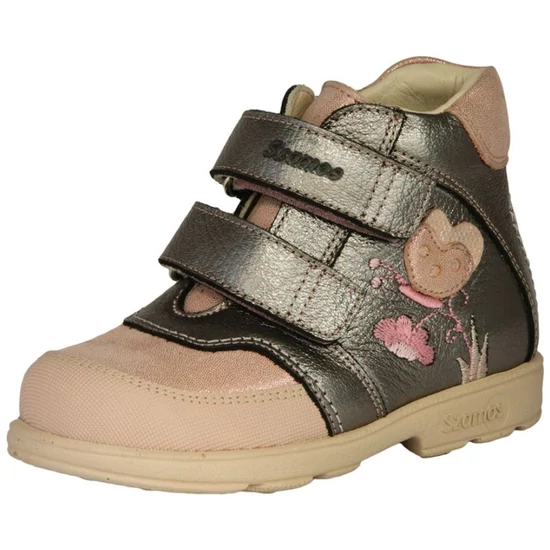 Ezüst és rózsaszín Szamos supinált lány velúrbőr cipő szív alakú pillangó dísszel