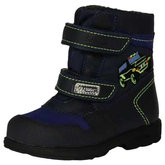 Sötétkék Szamos supinált SzamTEX téli fiú csizma terepjáró hímzéssel és zöld varrással