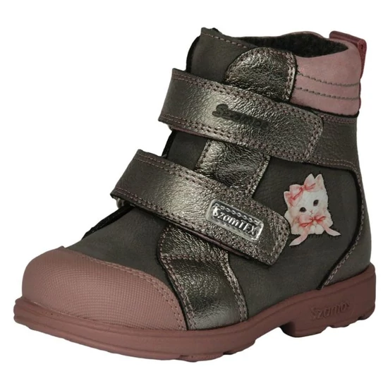 Antracit (sötétszürke) Szamos supinált TEX-es téli lány bakancs cica mintával és rózsaszín talppal