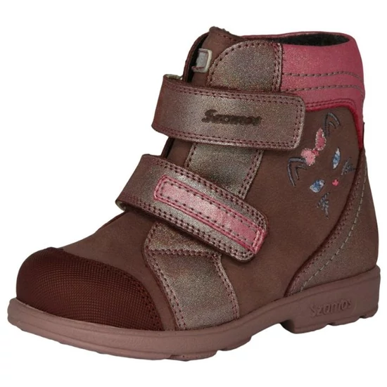 Bordó és rózsaszín Szamos supinált SzamTEX téli lány bakancs cica hímzéssel és csillogó pántokkal