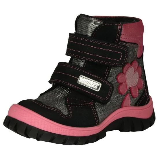 Fekete és pink Szamos SzamTEX téli lány bakancs virág dísszel és meleg béléssel