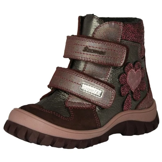 Antracit (sötétszürke) és rózsaszín Szamos TEX téli lány bakancs virágos szív hímzéssel