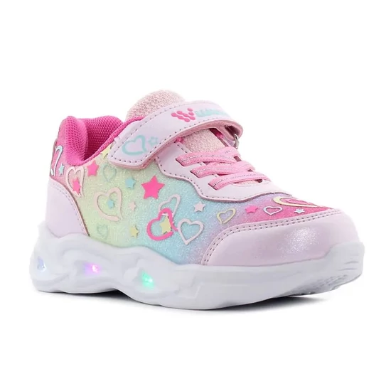 Szivárványos színű, csillogó Wink világítós kislány sportcipő tépőzárral és szivecske mintákkal
