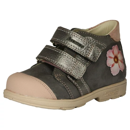 Szürke és rózsaszín Szamos supinált lány bőrcipő virágmintával és metálfényű pántokkal